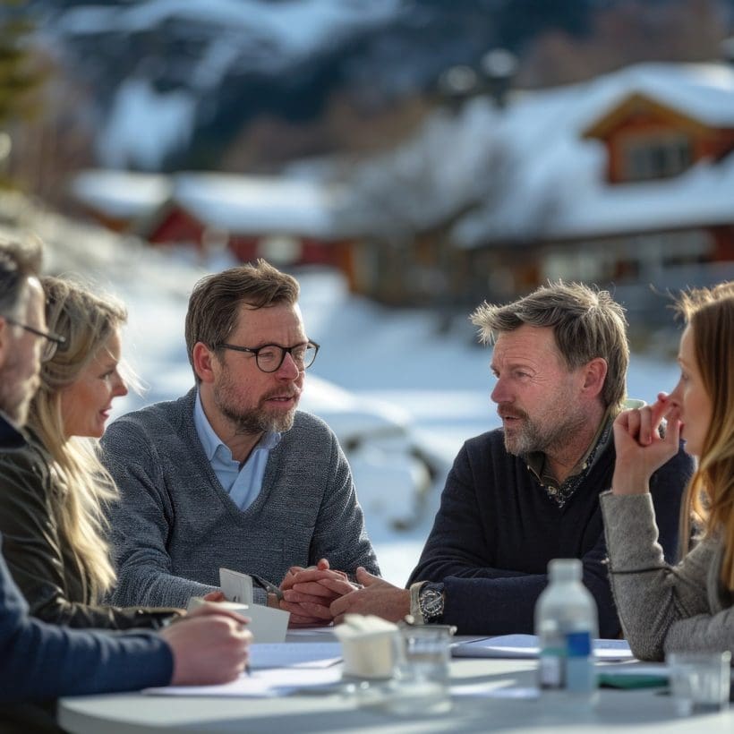 A group of executives engage in lively discussions on sustainable business practices during a leadership retreat in the Norwegian countryside.